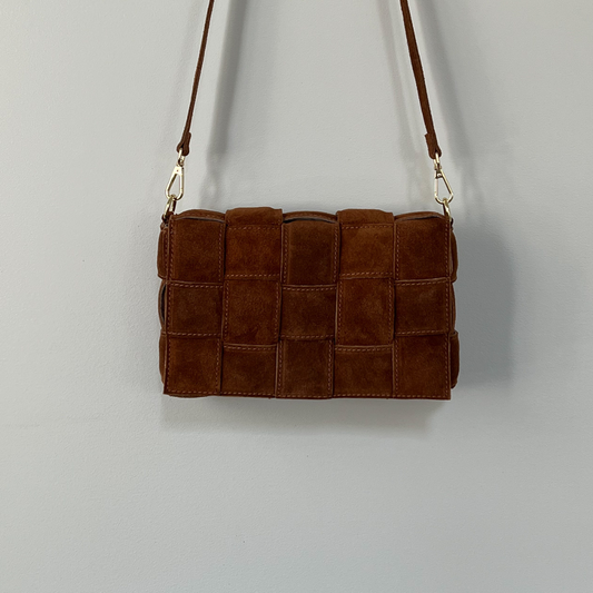 Large Woven Leather Bag - Brown Suede