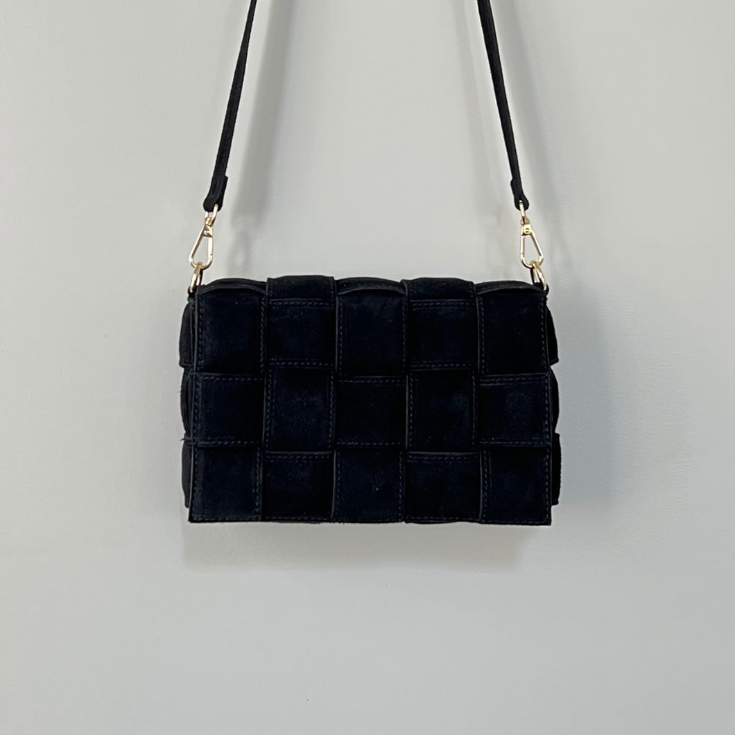 Large Woven Leather Bag - Black Suede